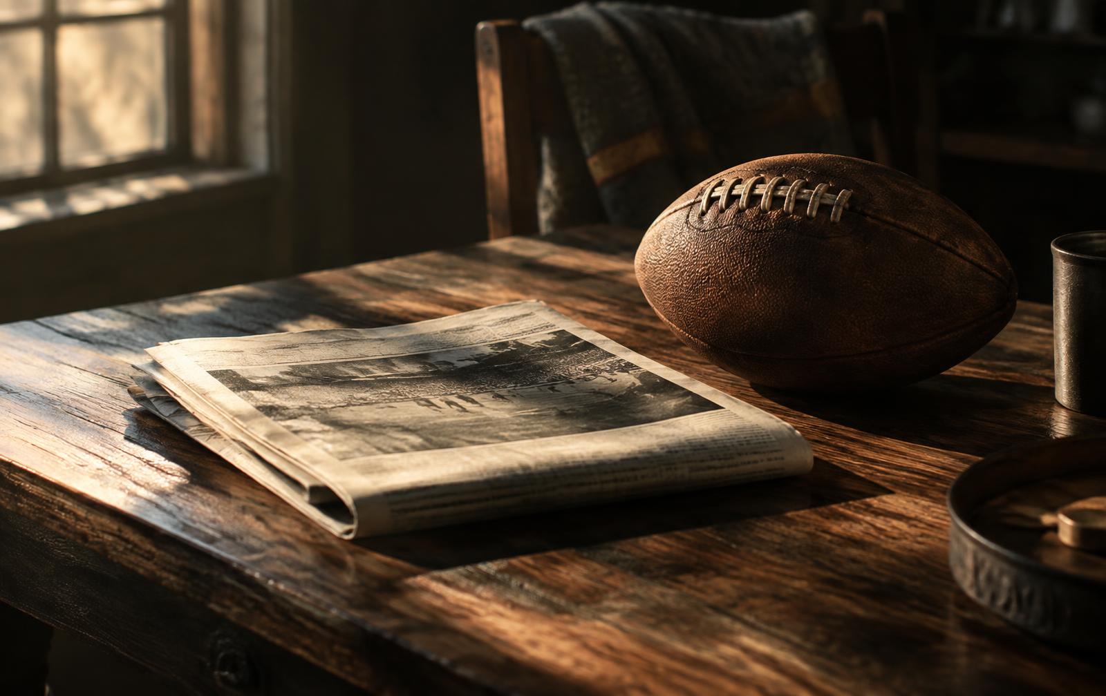 A folded newspaper beside a football on a wooden table